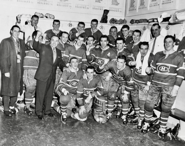 Montreal Canadiens celebrating their game 5 win 1959 Stanley Cup finals