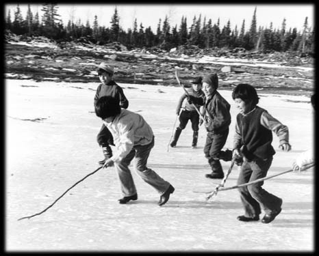 First Nations Children - Tree Branch Hockey Sticks - Shinny