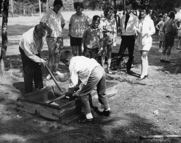 Two boys playing box Hockey at Millstone 4-H Camp - 1961