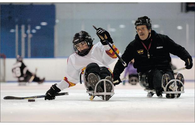Sledge Hockey - Bryson Bolianatz & Rick Bolianatz at practice