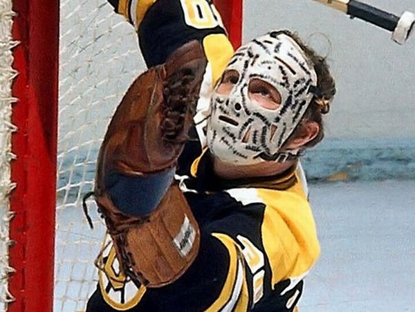 Gerry Cheevers wearing his Famous Goalie Mask - Boston Bruins