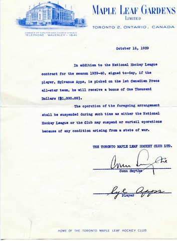 Conn Smythe & Syl Apps Autographed Contract 1939 - Maple Leafs
