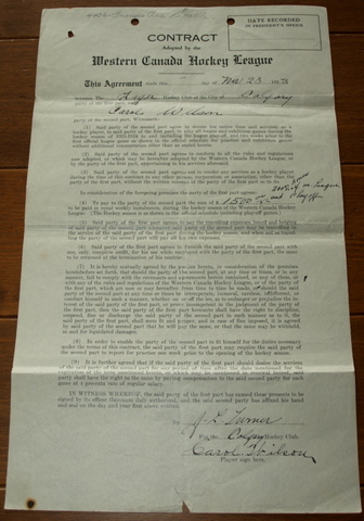 Cully Wilson - Ice Hockey Contract for Calgary Tigers - 1923