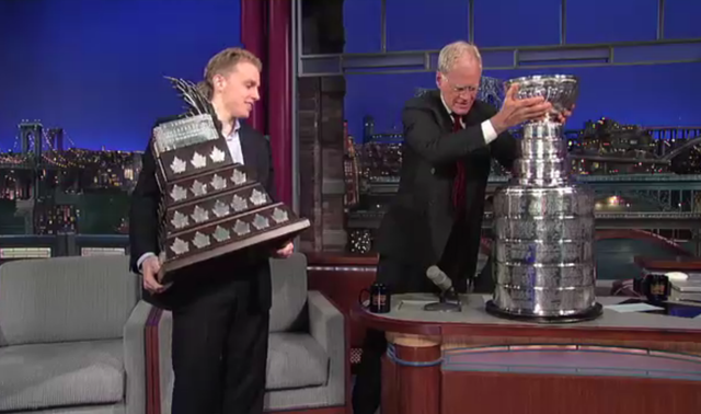 Patrick Kane & Conn Smythe Trophy  David Letterman & Stanley Cup