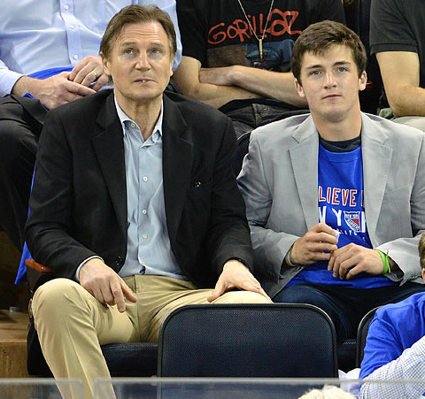 Liam Neeson & Son at a NY Rangers 2013 NHL Playoffs Game