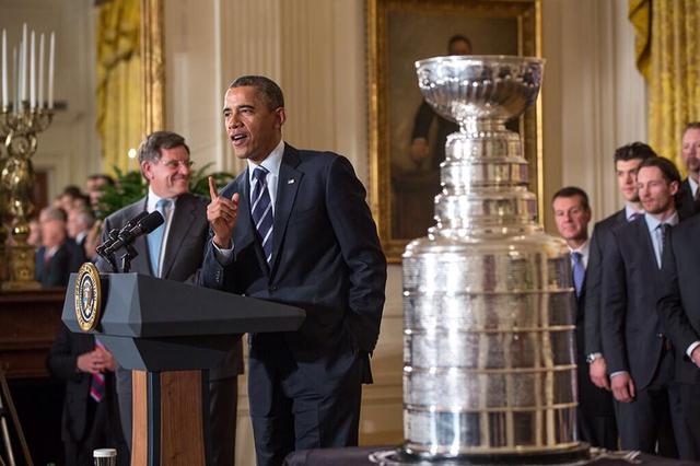 President Barack Obama with Stanley Cup at The White House 2013