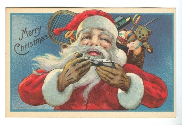 Antique Christmas Card - Santa With Ice Hockey Skate