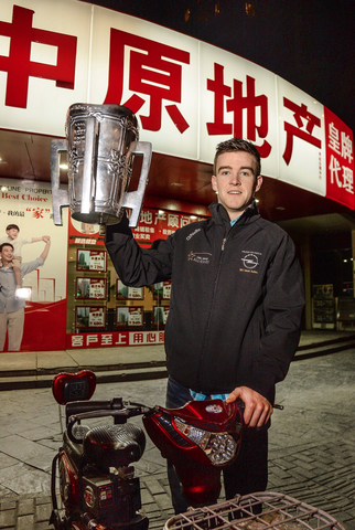 Clare's Tony Kelly with the Liam MacCarthy Cup in Shanghai 2013