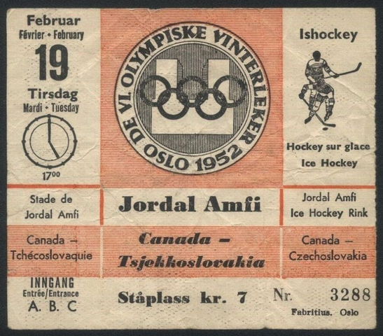 1952 Winter Olympics Hockey Ticket - Canada vs Czechoslovakia