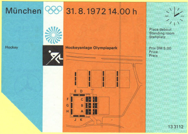 1972 München Summer Olympics Field Hockey Ticket - Standing Room