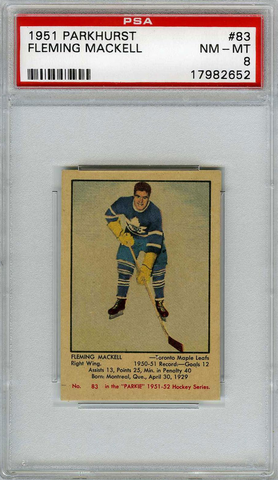 Fleming Mackell Hockey Card - 1951 Parkhurst No. 83 - PSA 8