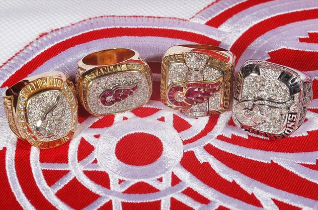 Detroit Red Wings Stanley Cup Rings from 1997, 1998, 2002 & 2008