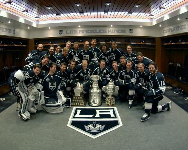 LA Kings with Stanley Cup, Conn Smythe & Clarence Campbell Bowl