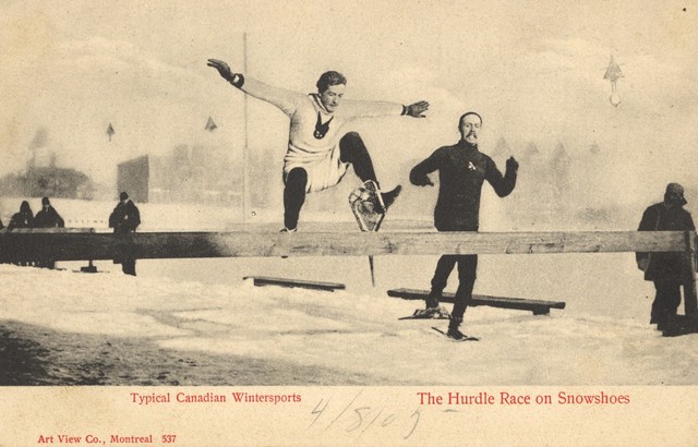 The Hurdle Race Race on Snowshoes MAAA Grounds in Montreal 1904