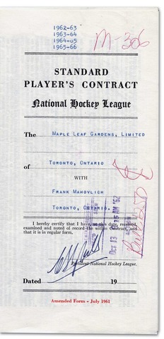 Frank Mahovlich Ice Hockey Contract 1962 1