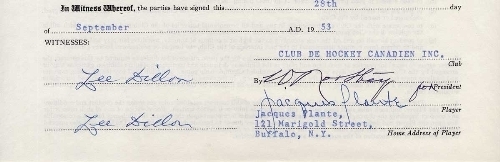 Jacques Plante Autograph on Players Contract - 1953