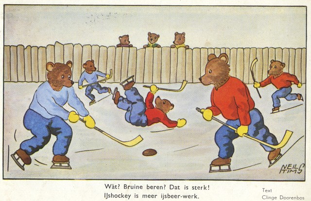Bears Playing Ice Hockey Antique Postcard 1941 Netherlands
