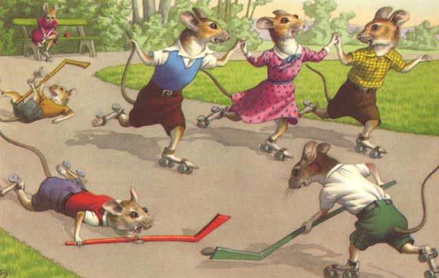 Mice Playing Roller Hockey by Alfred Mainzer 1970s