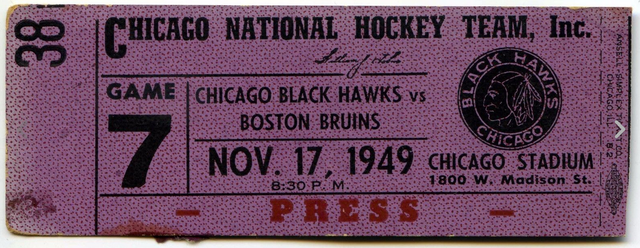 Chicago Black Hawks Press Ticket vs Boston Bruins 1949