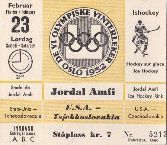 1952 Oslo Winter Olympic Hockey Ticket - USA vs Czechoslovakia