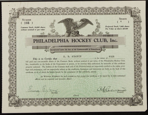 Philadelphia Hockey Club Stock Certificate 1927