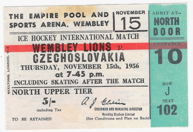 Vintage Hockey Ticket Wembley Lions vs Czechoslovakia 1956