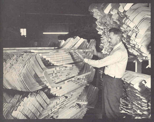 Hespeler Hockey Sticks ready for shipping at the factory 1969