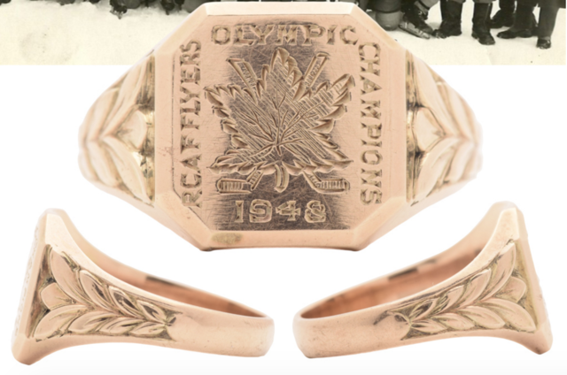 RCAF Flyers Olympic Champions 1948 Gold Hockey Ring presented to Pete Leichnitz