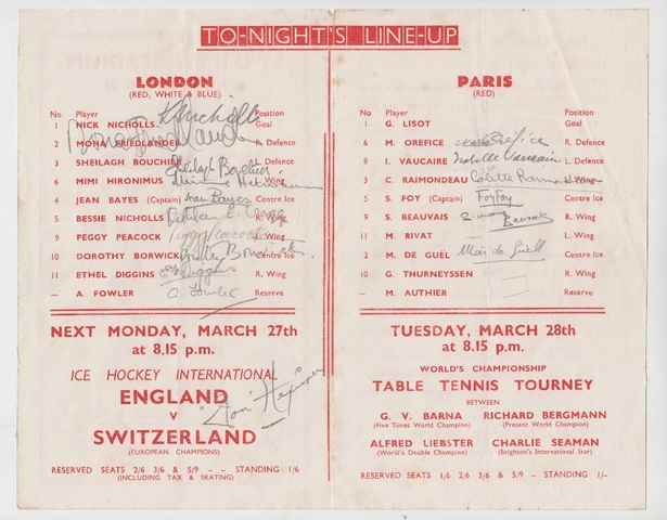 Women's Ice Hockey History - Autographs from 1939 Game Program Paris vs London