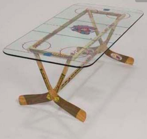 Hockey Stick Coffee Table with Rink Printed on Glass Top