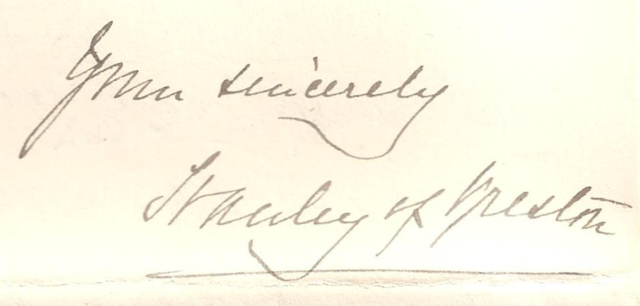 Stanley of Preston Autograph 1890 - Lord Stanley Autograph