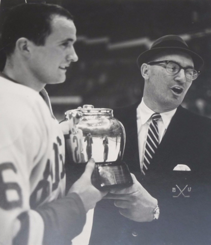 Boston Terriers Dennis O’Connel & coach Jack Kelly with the 1966 Bean Pot Trophy