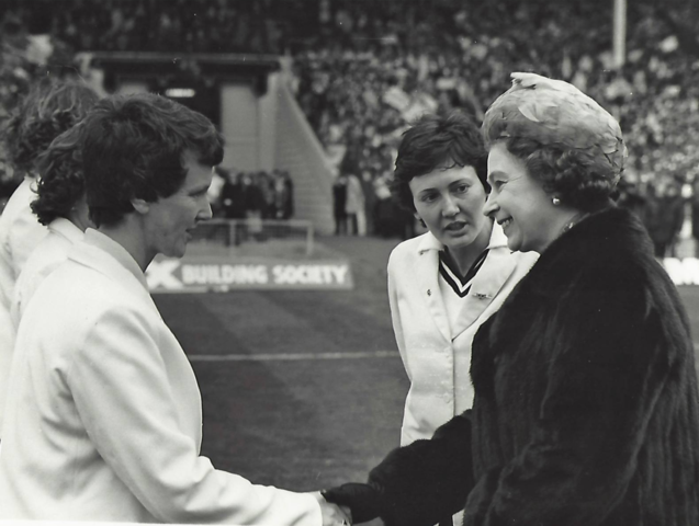 Maggie Souyave introduces Umpire Jan Bartlett to Queen Elizabeth at Wembley 1981