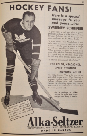 Toronto Maple Leafs Sweeney Schriner Ad for Alka-Seltzer 1940