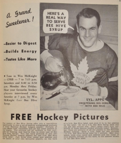 Toronto Maple Leafs Syl Apps Ad for Bee Hive Corn Syrup 1940