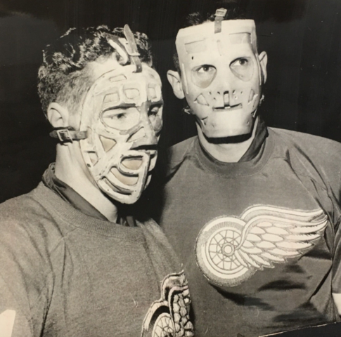 Dennis Riggin & Terry Sawchuk wearing New Goalie Masks 1962 Lefty Wilson Mask
