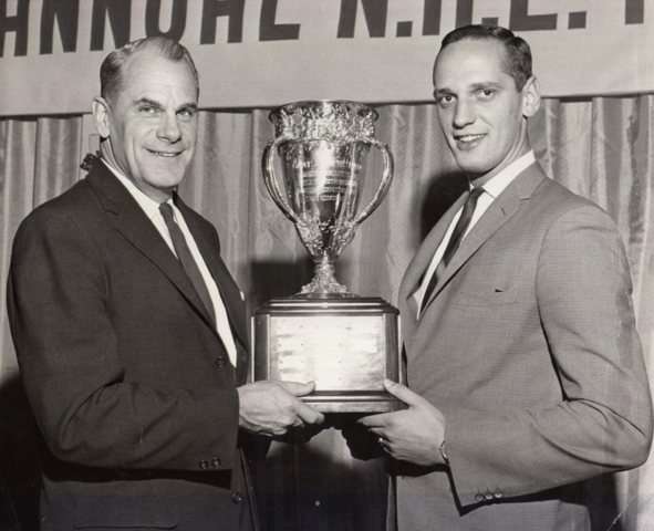 Jacques Laperrière 1964 Calder Memorial Trophy Winner accepting from Syl Apps