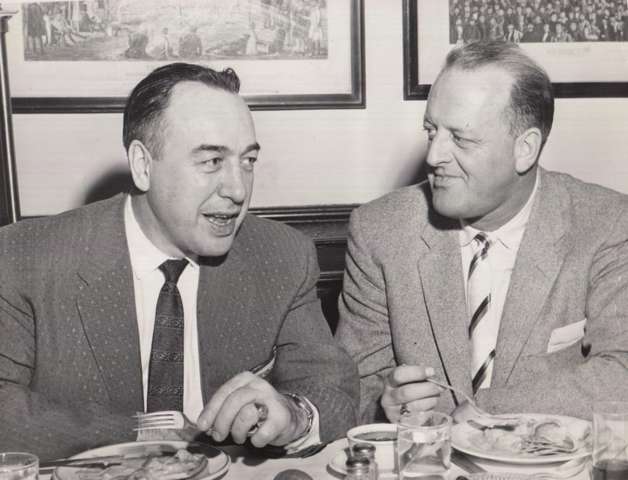 Toe Blake and Lynn Patrick talk a little Hockey over dinner 1957