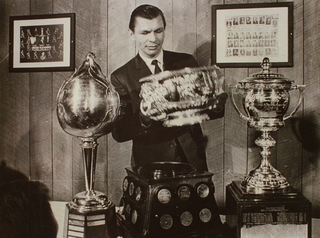 Stan Mikita with Hart Trophy, Art Ross Trophy & Lady Byng Memorial Trophy 1967