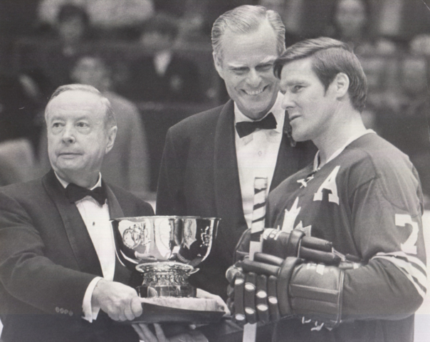 Tim Horton accepts from Foster Hewitt, the Toronto Maple Leafs MVP Trophy 1969