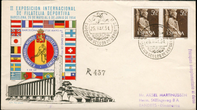 1954 Roller Hockey World Cup First Day Cover Envelope with Stamps