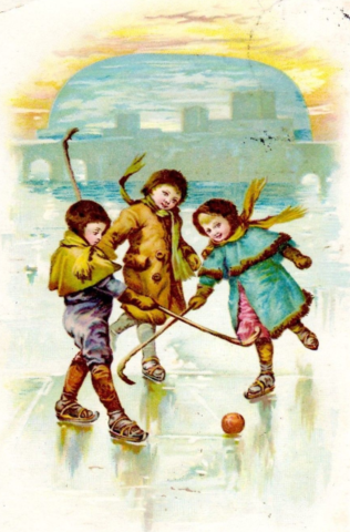 Antique Ice Polo 1911 Children Playing Ice Hockey Postcard
