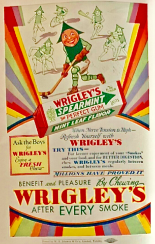 Antique Wrigley's Spearmint Gum Ad 1931 with the Wrigley's Hockey Player Cartoon