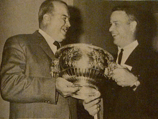 Gordie Drillon and Gordie Howe admire The Art Ross Trophy in 1963