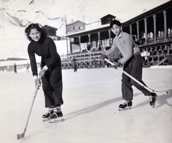 Princess Galyani & KIng Ananda of Thailand play Ice Hockey in Switzerland 1941