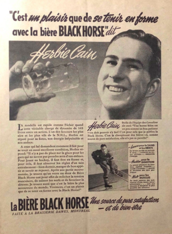 Hockey Beer 1938 Black Horse Beer ad with Herb Cain of the Montreal Canadiens