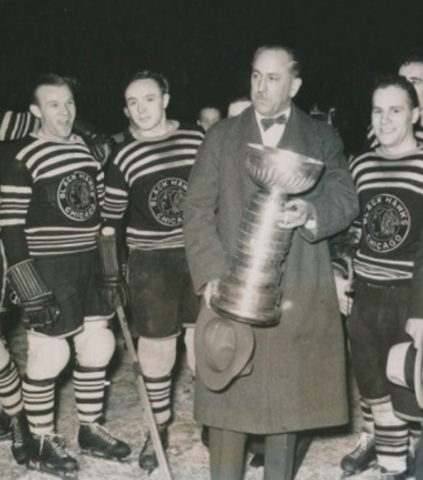 Chicago Black Hawks owner Major Frederick McLaughlin with the 1934 Stanley Cup