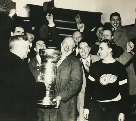 Frank Calder Presents 1937 Stanley Cup to Detroit Red Wings Coach Jack Adams