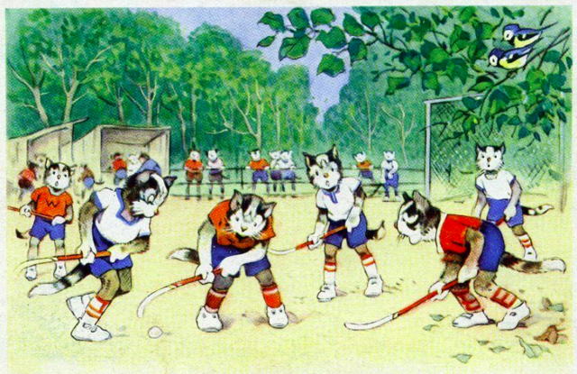 Cats Playing Field Hockey 1950s Postcard