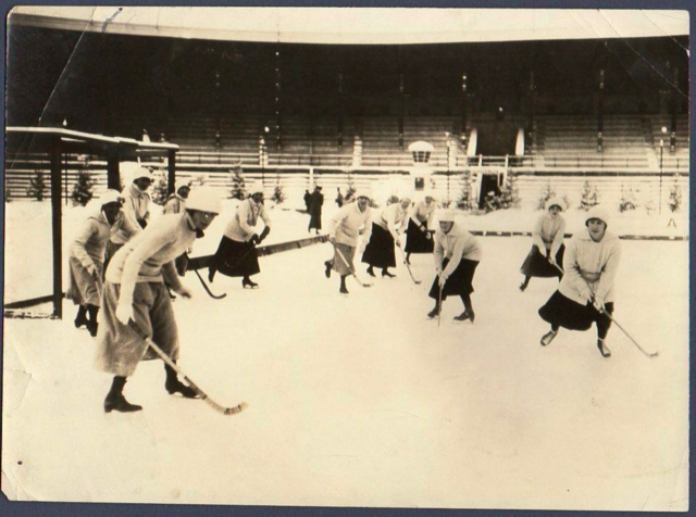 Sy Seidman Photograph of Women Playing Field Hockey on Ice Skates 1920s